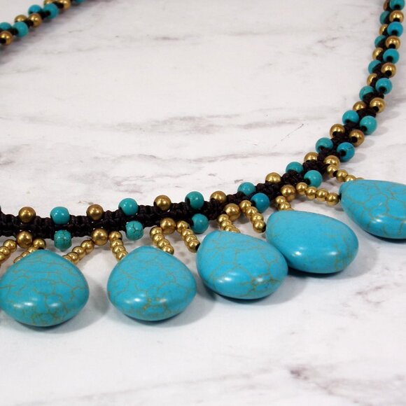 Turquoise stone necklace with teardrop shape stones, gold beads, fabric necklace - Picture 6 of 10